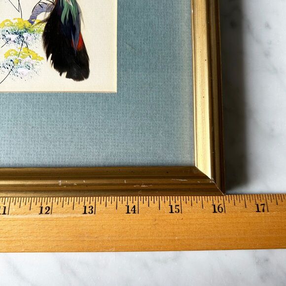 Vintage Mexican Feather Folk Art 3 Exotic Birds Matted Wood Frame 16" x 9.75" - Picture 7 of 10